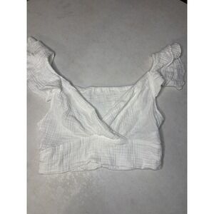 SHEIN White Cotton Gauze Ruffle Sleeve Smocked Back Surplice Crop Top Small